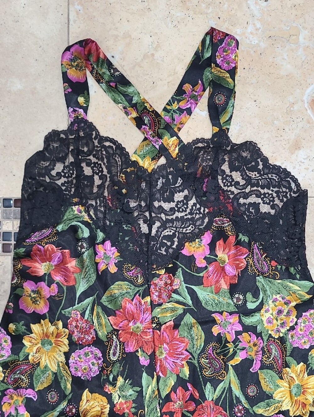 Vanity Fair Vintage Black Floral Lace Maxi Dress with Pink and Yellow Blooms - Picture 3 of 16